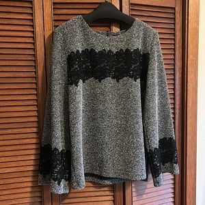 Karl Lagerfield Gray Black Lace Pullover Long Sleeve Sweater Women's Size Medium